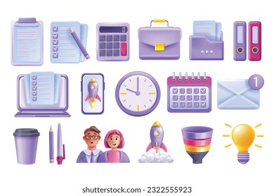 3D business work icon set, office vector stationery kit, management calendar, laptop screen document. Reception workplace object collection, email envelope, file folder, smartphone. Business icon