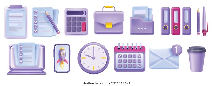 3D business work office icon set, vector stationery kit, management calendar, laptop screen document. Reception workplace object collection, email envelope, file folder, smartphone. Business icon