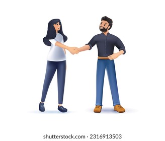 3D businessman and businesswoman. Meeting of business people. 3D Vector illustration in cartoon style of couple of people of different nationalities in business clothes shaking hands. Isolated white