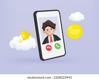 3d businessman Conference Video call communication. Calling phone contact id. Social media platform. 3d vector cartoon people design.