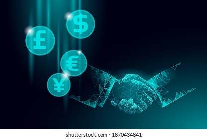 3D businessman handshake finance deal. Business agreement contract concept. Success web network low poly banner. Polygonal international internet connection vector illustration