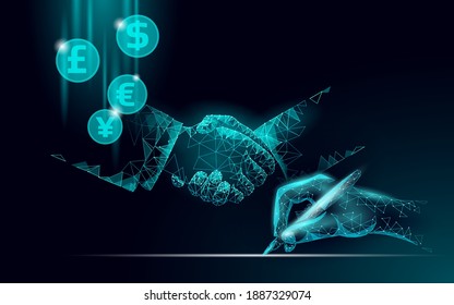 3D businessman handshake finance deal. Business agreement contract concept. Success web network low poly banner. Polygonal international internet connection vector illustration