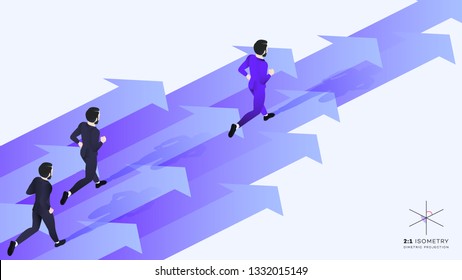 3d Businessman Run Ahead of the team. Conceptual Isometric Leadership Vector Illustration. Video Game Ready Dimetric Projection.