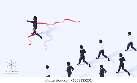 3d Businessman Run Ahead Of The Team. He Crosses Finish Line Red Ribbon. Conceptual Isometric Leadership Vector Illustration.