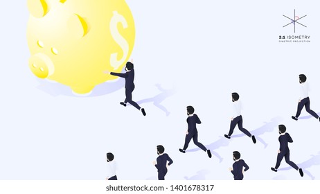 3d Businessman Run Ahead Of The Team. He Runs To Yellow Moneybox. Conceptual Isometric Leadership Vector Illustration.