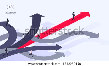 3d Businessman Run Ahead Of The Team Over Red Arrow. He Chose Right Path. Conceptual Isometric Better Choice Vector Illustration. 