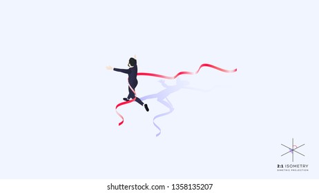 3d Businessman Run Trough Finish Line. He Crosses Finish Line Red Ribbon. Conceptual Isometric Successful Motivation Vector Illustration.