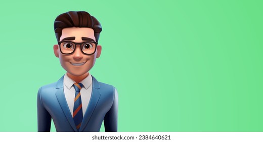 3.ª empresaria. Hombre sonriente con traje de oficina estricto, personaje de representación de caricatura, empleado y gerente del banco, esfera financiera, cartel vectorial