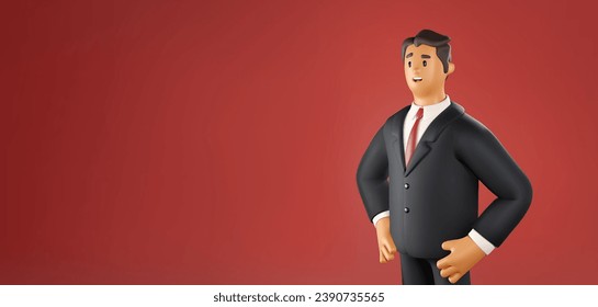 3D Businessman Vector Banner. Cartoon Male Character of a man in a formal costume on red background