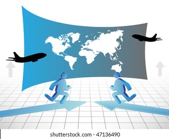 3d businessmen with planet and airplane
