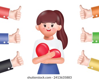 3d businesswoman character holding red heart many thumbs up getting like gestures illustration vector rendering.	