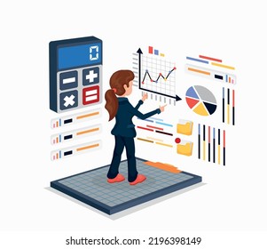 3D businesswoman interested in financial professional dealing with stock market ups and downs. Reading graphs, managing plans, savings concepts.