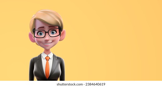 3d businesswoman. Smiling woman in strict office suit, cartoon render character, bank employee and manager, financial sphere, vector banner