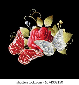 3d butterflies pattern. Vector colorful illustration. Floral background with bright textured butterflies, red rose flower, green leaves, swirls. Surface texture. Ornate decorative vintage rich design