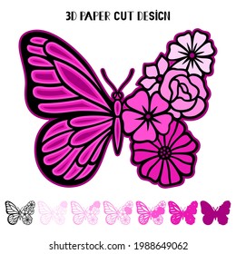 3D butterfly with flowers. Vector layered template for laser and paper cutting, printing on a T-shirt, mug. Insect silhouette.Flat style. Hand drawn decorative element for your design.