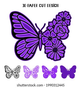 3D butterfly with flowers. Vector layered template for laser and paper cutting, printing on a T-shirt, mug. Insect silhouette.Flat style. Hand drawn decorative element for your design.