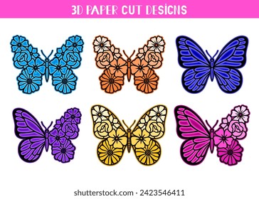 mariposa 3D con flores. Plantilla de vectores para corte de láser y papel, impresión en camiseta, taza. Silueta de insectos. Estilo plano. Elementos decorativos dibujados a mano para tu diseño.