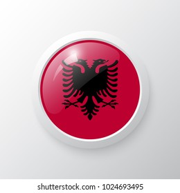 3D Button with Albania flag. as round glossy icon on background isolated. Vector illustration eps 10.