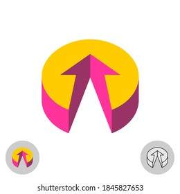 3D button with arrow up logo. Color flat round perspective icon with forward direction.