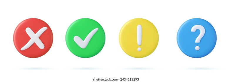 3d button , check mark, question, attention. 3d rendering. Vector illustration