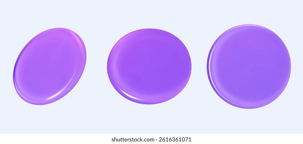 3D button collection with soft glossy surface and round shapes in purple tones. Perfect as UI elements, app interface buttons, icon bases, or navigation design components.