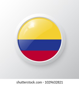 3D Button with Colombia flag. as round glossy icon on background isolated. Vector illustration eps 10.