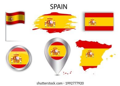 3d button with colorful flag pin set spain. Destination icon. Map pin icon. Vector illustration. Stock image.