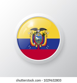 3D Button with Ecuador flag. as round glossy icon on background isolated. Vector illustration eps 10.