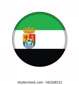 3D button Flag of Extremadura autonomous communities of the Spain. Vector illustration.