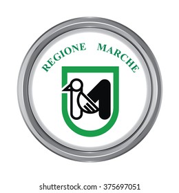 3D button Flag of Marche regions,autonomous regions of Italy. Vector illustration.
