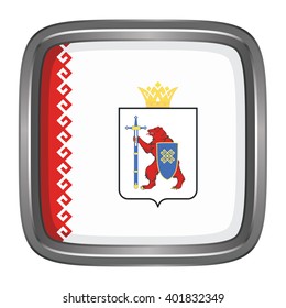 3D button Flag of Mari El republics / krays / provinces / federal cities / autonomous oblast / autonomous okrugs of Russia. Vector illustration.