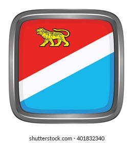 3D button Flag of Primorsky Krai republics / krays / provinces / federal cities / autonomous oblast / autonomous okrugs of Russia. Vector illustration.