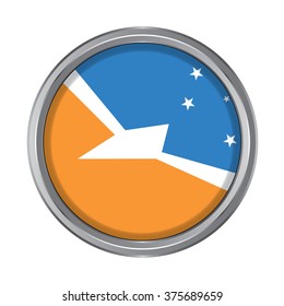 3D button Flag of Tierra del Fuego provinces,autonomous city of Argentina. Vector illustration.