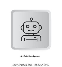 3D button icon with a robot symbol representing artificial intelligence. Concept for AI communication, interaction, automation, and problem-solving. Clean white tech background for digital themes.