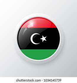 3D Button with Libya flag. as round glossy icon on background isolated. Vector illustration eps 10.