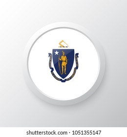 3D Button Massachusetts with flag. as round glossy icon on background isolated. Vector illustration eps 10.