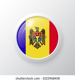 3D Button with Moldova flag. as round glossy icon on background isolated. Vector illustration eps 10.