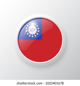 3D Button with Myanmar flag. as round glossy icon on background isolated. Vector illustration eps 10.