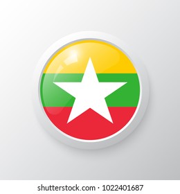 3D Button with Myanmar flag. as round glossy icon on background isolated. Vector illustration eps 10.