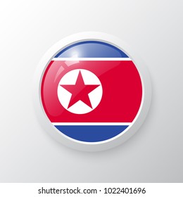 3D Button with North Korea flag. as round glossy icon on background isolated. Vector illustration eps 10.