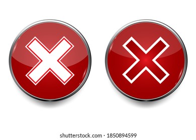 3d button with red button cross on white background. Check mark icon vector isolated. Red cross sign. Stock image.