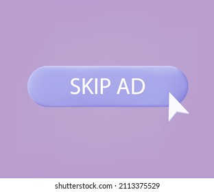 3d button skip ads with cursor. Apply to stop, continue prohibited. Icon refusal to join. Do not show ads, skip. Isolated button on white. Click, go to another tab. Digital element, transition. Vector