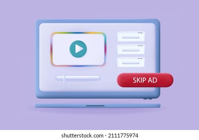 3d button skip ads on a laptop or computer. Apply to stop, continue prohibited. Icon refusal to join, video player. Do not show ads, skip. Click to another tab. Digital element, transition. Vector 