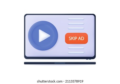 3d button skip ads on the computer. Apply to stop, continue prohibited. Icon refusal to join. Refusal to watch ads, skip. Isolated button on white. Click, go to another tab, stop. Vector illustration
