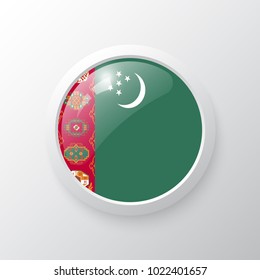3D Button with Turkmenistan flag. as round glossy icon on background isolated. Vector illustration eps 10.