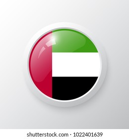 3D Button with United Arab Emirates flag. as round glossy icon on background isolated. Vector illustration eps 10.