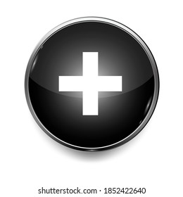 3d button with white cross for medical design. Health care. Isolated vector. Stock image.