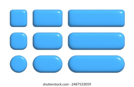 3d buttons collection for UI and UX design template. Blue realistic glossy squared and rounded badges.