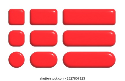 Coleção de botões 3d para modelo de design de interface do usuário e UX. Crachás quadrados e arredondados brilhantes e vermelhos realistas