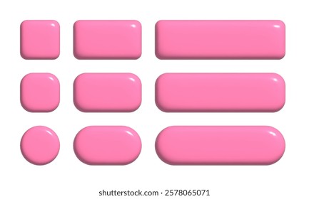 3d buttons collection for UI and UX design template. Realistic pink glossy squared and rounded badges